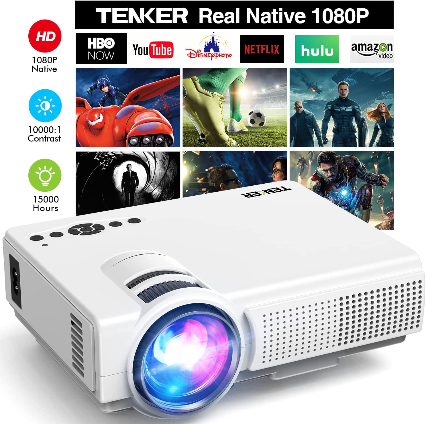 TENKER Native 1080P Projector, 7500L High Brightness Full HD Outdoor M