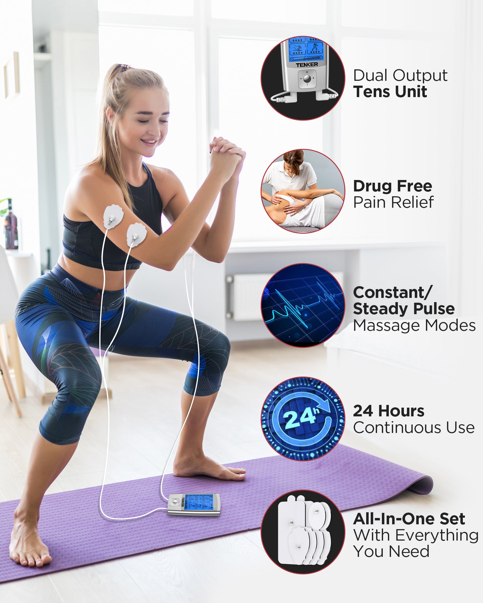  TENKER EMS TENS Unit with 8 Electrode Pads, Rechargeable Muscle  Stimulator Pain Reliever for Muscle Stiffness, Soreness, Aches and Pains,  Perfect for Relaxation : Health & Household